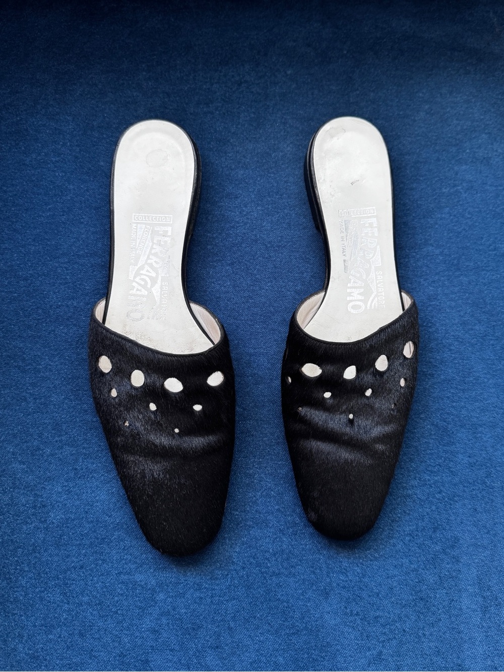 Vintage Salvatore Ferragamo Black
Ponyhair Lasercut Accents Mules size 6B